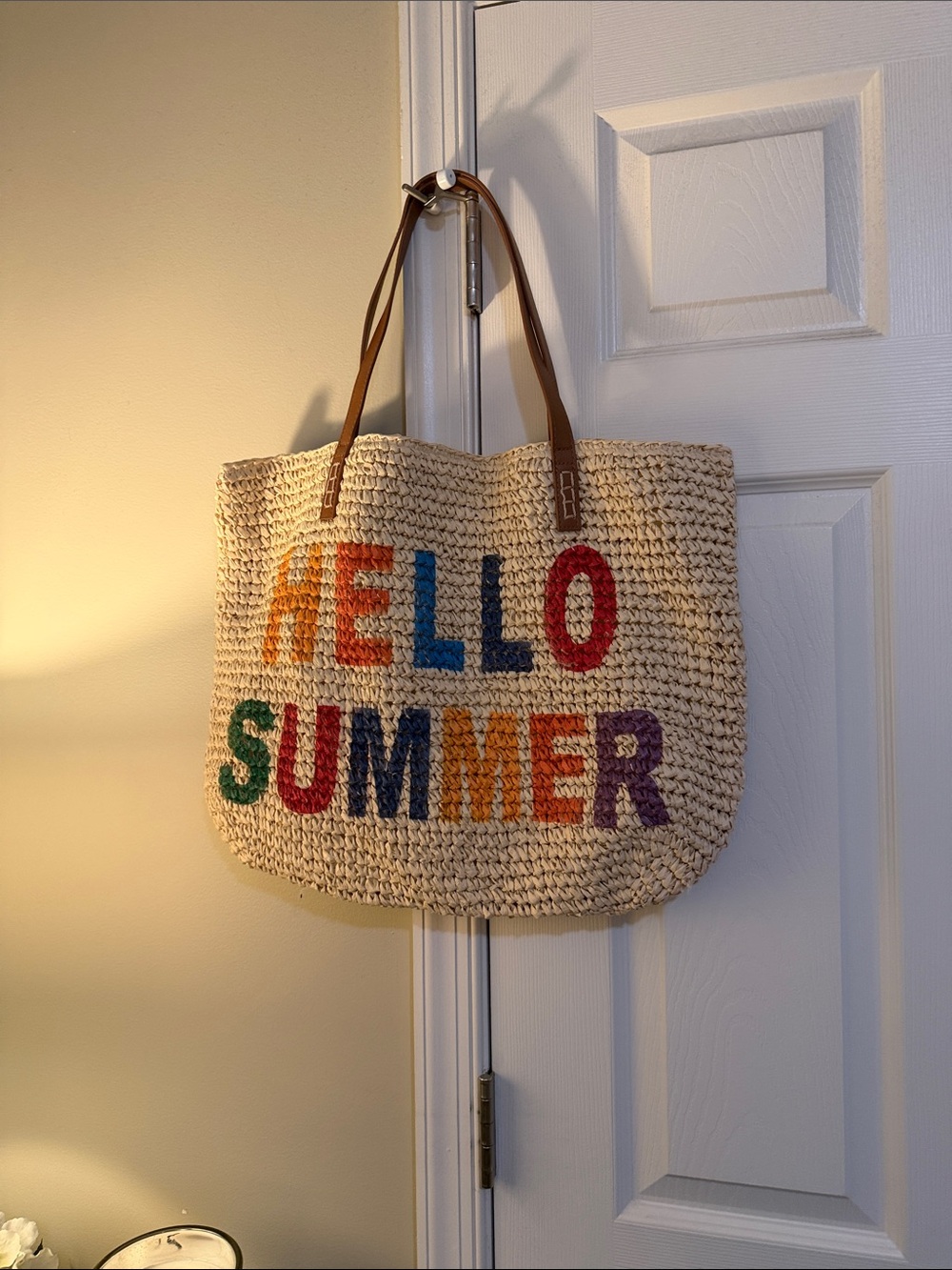 Straw Studios Multicolor Lettering Straw Tote with Tan Straps